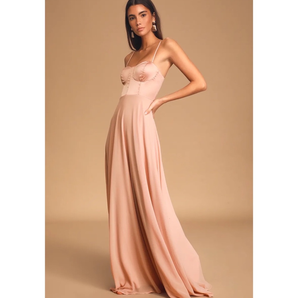 Lulu’s Best of Me blush satin bustier maxi dress